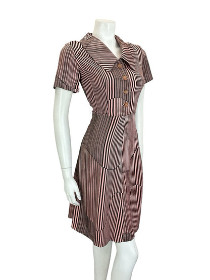 VTG 60S 70S PINK BLACK GEOMETRIC STRIPED DAGGER COLLAR A LINE SHIRT DRESS 10