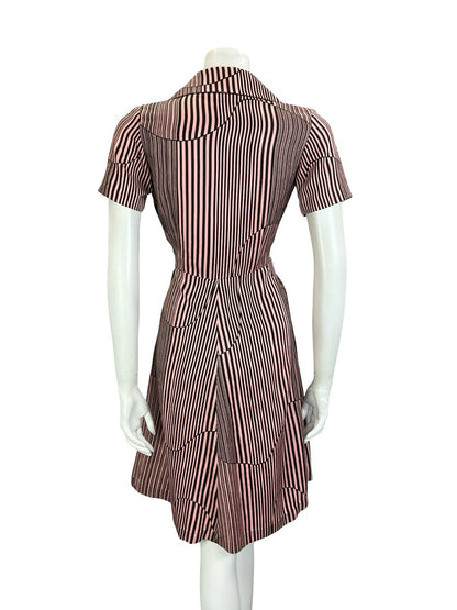 VTG 60S 70S PINK BLACK GEOMETRIC STRIPED DAGGER COLLAR A LINE SHIRT DRESS 10