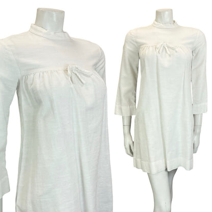 VTG 60S MOD GOGO WHITE BRIDAL COTTON 3/4 SLEEVE BOW SMOCK TENT DRESS 8