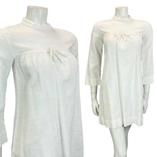 VTG 60S MOD GOGO WHITE BRIDAL COTTON 3/4 SLEEVE BOW SMOCK TENT DRESS 8