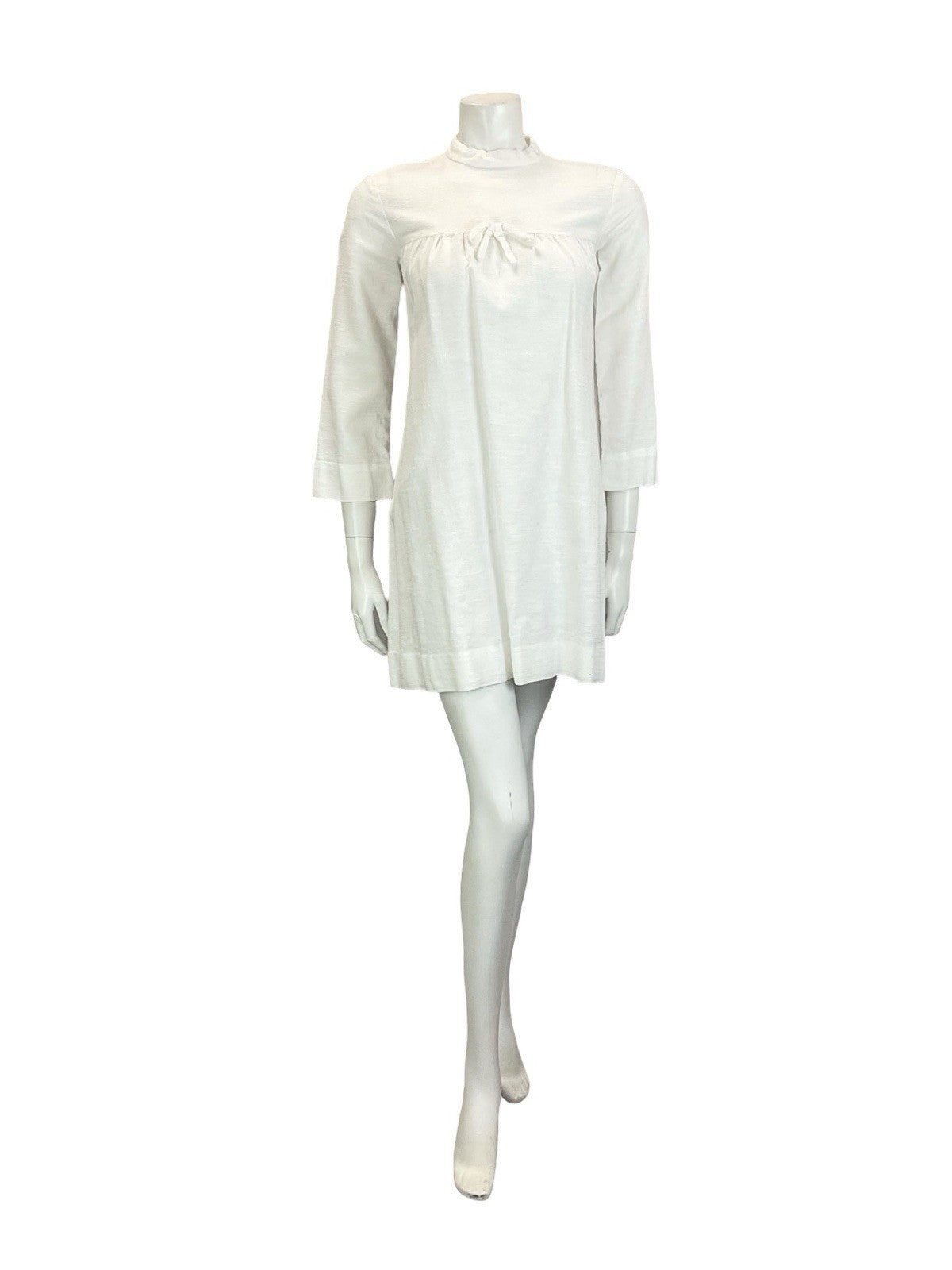VTG 60S MOD GOGO WHITE BRIDAL COTTON 3/4 SLEEVE BOW SMOCK TENT DRESS 8