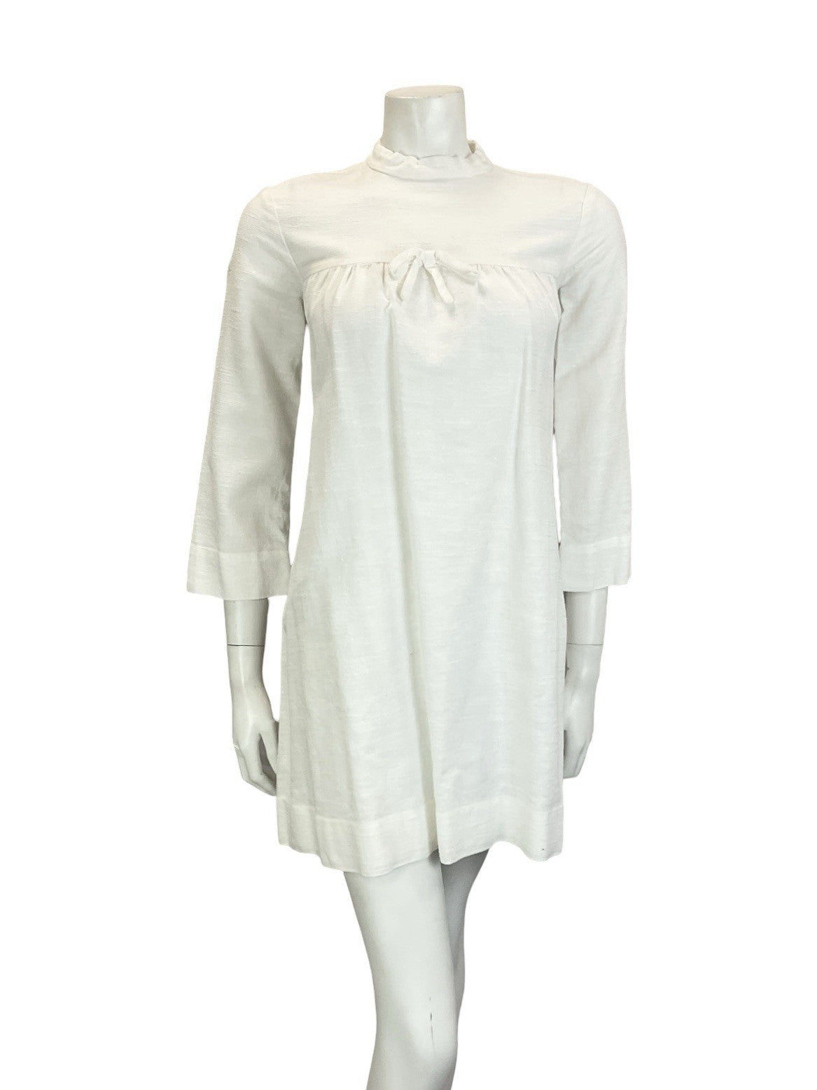VTG 60S MOD GOGO WHITE BRIDAL COTTON 3/4 SLEEVE BOW SMOCK TENT DRESS 8