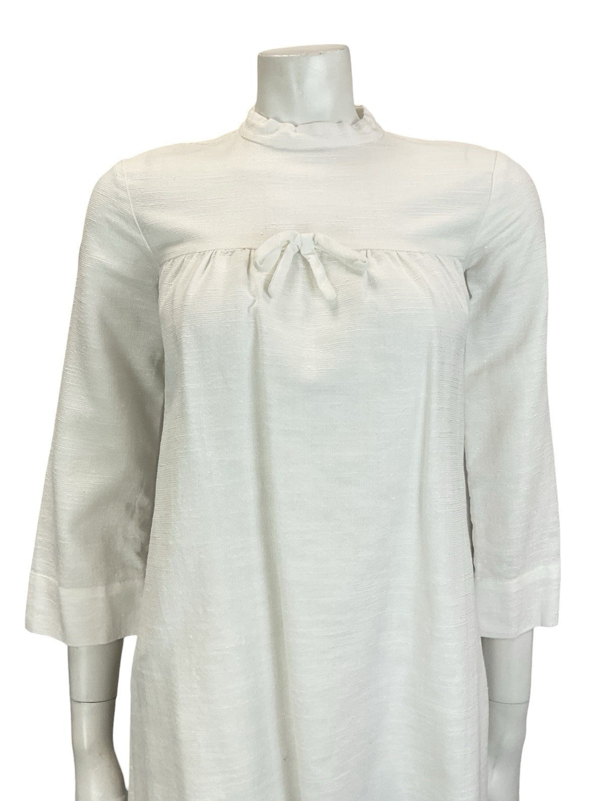 VTG 60S MOD GOGO WHITE BRIDAL COTTON 3/4 SLEEVE BOW SMOCK TENT DRESS 8