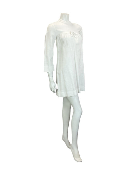 VTG 60S MOD GOGO WHITE BRIDAL COTTON 3/4 SLEEVE BOW SMOCK TENT DRESS 8