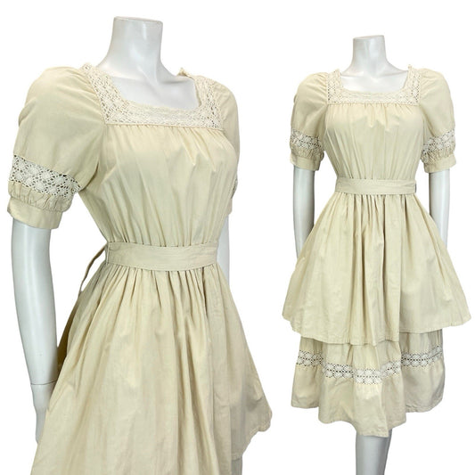 VTG 60S 70S CREAM LINEN CROCHET LACE PUFF SLEEVE PEPLUM FOLK PRAIRIE DRESS 10