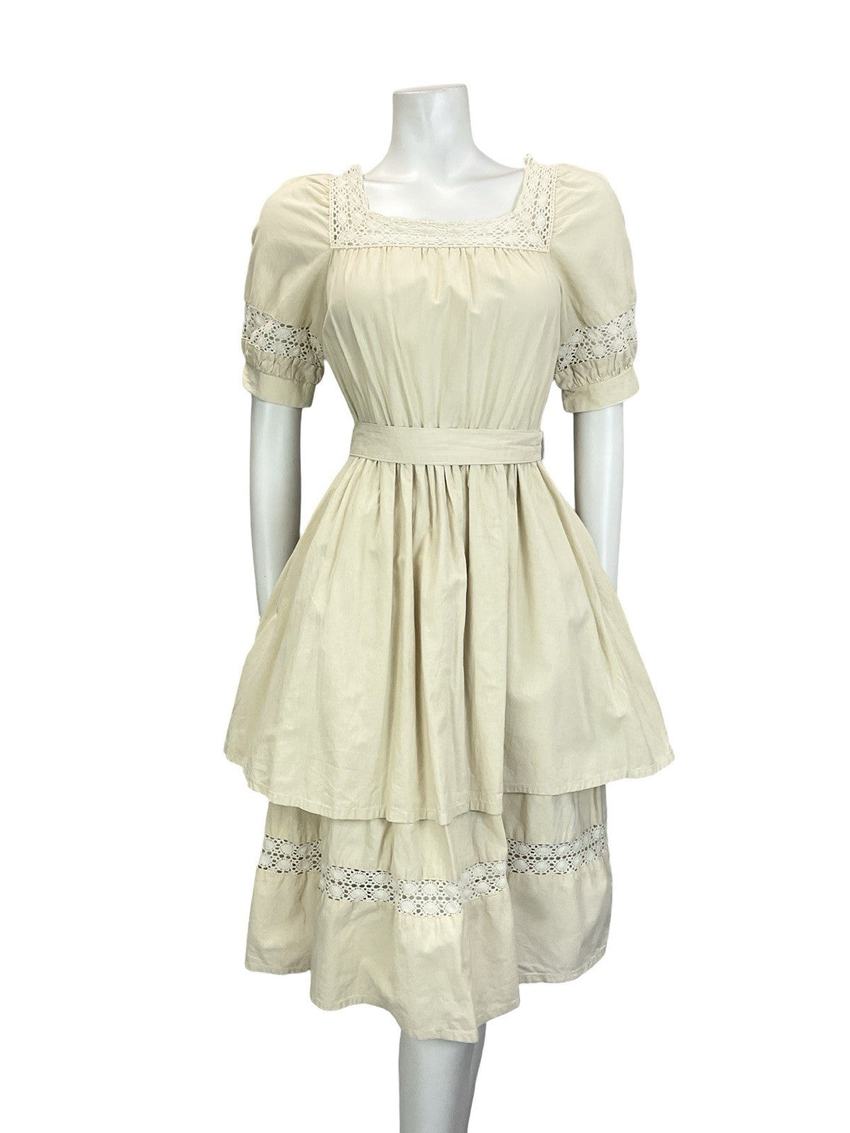 VTG 60S 70S CREAM LINEN CROCHET LACE PUFF SLEEVE PEPLUM FOLK PRAIRIE DRESS 10