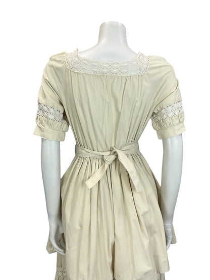 VTG 60S 70S CREAM LINEN CROCHET LACE PUFF SLEEVE PEPLUM FOLK PRAIRIE DRESS 10