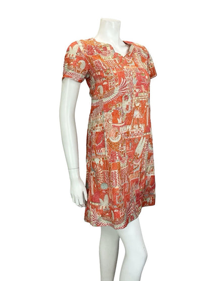 VTG 60S 70S RED ORANGE WHITE GREY EGYPTIAN SCALLOP V NECK SMOCK SHIFT DRESS 8