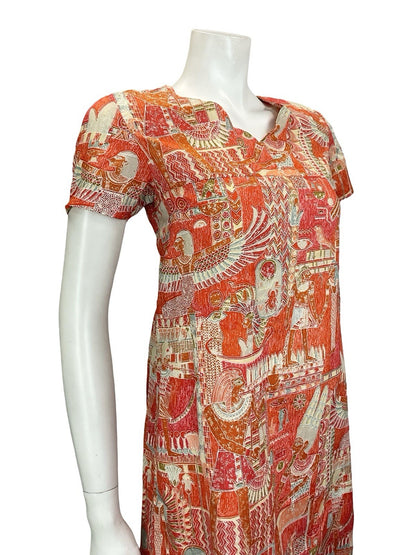 VTG 60S 70S RED ORANGE WHITE GREY EGYPTIAN SCALLOP V NECK SMOCK SHIFT DRESS 8