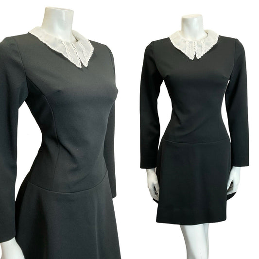VTG 60S 70S BLACK WHITE LACE DAGGER COLLAR DROPPED WAIST GOTHIC MOD DRESS 10