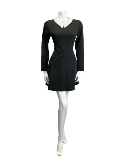 VTG 60S 70S BLACK WHITE LACE DAGGER COLLAR DROPPED WAIST GOTHIC MOD DRESS 10