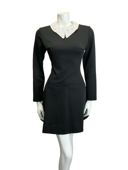 VTG 60S 70S BLACK WHITE LACE DAGGER COLLAR DROPPED WAIST GOTHIC MOD DRESS 10