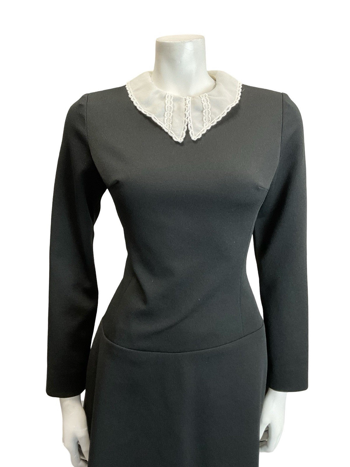 VTG 60S 70S BLACK WHITE LACE DAGGER COLLAR DROPPED WAIST GOTHIC MOD DRESS 10