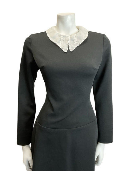 VTG 60S 70S BLACK WHITE LACE DAGGER COLLAR DROPPED WAIST GOTHIC MOD DRESS 10