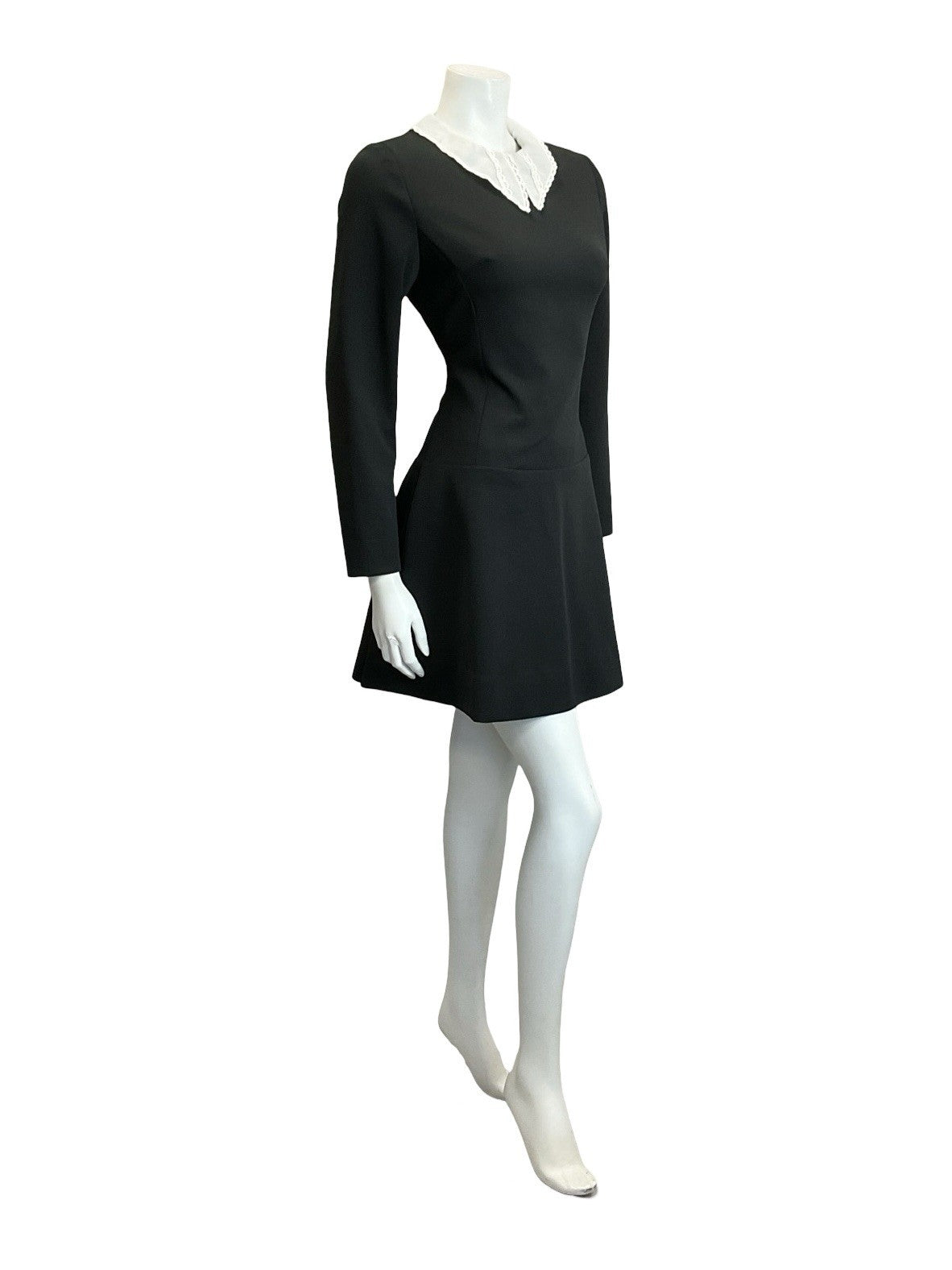 VTG 60S 70S BLACK WHITE LACE DAGGER COLLAR DROPPED WAIST GOTHIC MOD DRESS 10