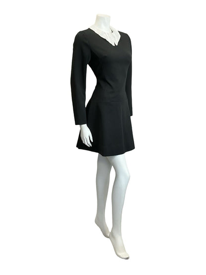 VTG 60S 70S BLACK WHITE LACE DAGGER COLLAR DROPPED WAIST GOTHIC MOD DRESS 10