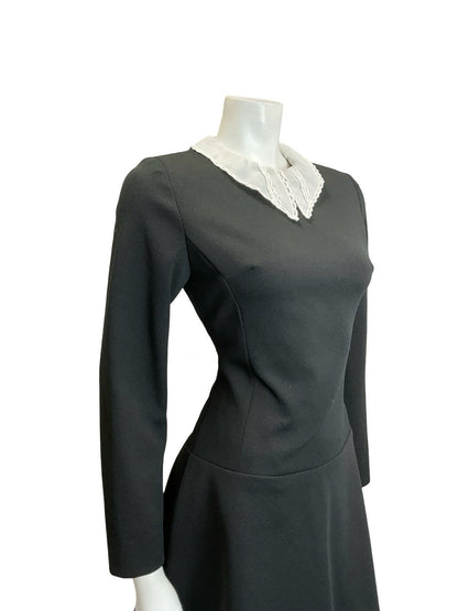 VTG 60S 70S BLACK WHITE LACE DAGGER COLLAR DROPPED WAIST GOTHIC MOD DRESS 10