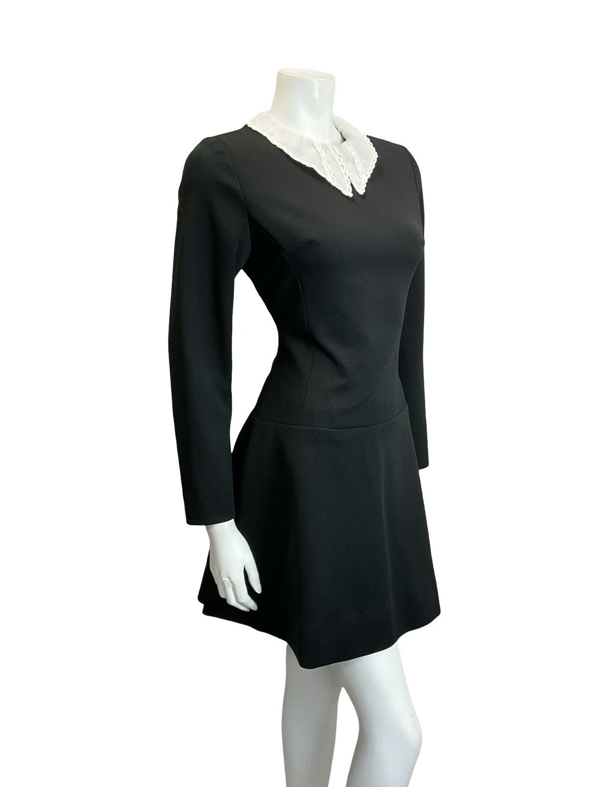 VTG 60S 70S BLACK WHITE LACE DAGGER COLLAR DROPPED WAIST GOTHIC MOD DRESS 10