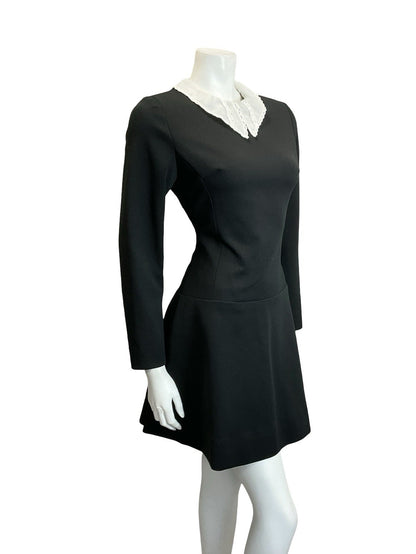 VTG 60S 70S BLACK WHITE LACE DAGGER COLLAR DROPPED WAIST GOTHIC MOD DRESS 10