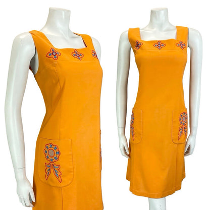 VTG 60S 70S ORANGE BLUE RED FOLK EMBROIDERED SMOCK PINAFORE DRESS W/ POCKETS 14