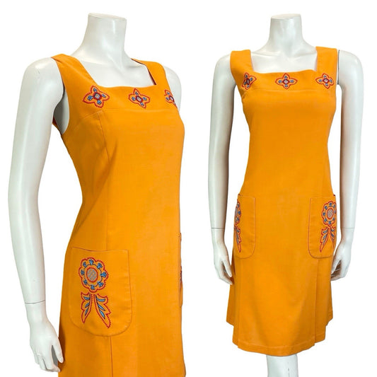 VTG 60S 70S ORANGE BLUE RED FOLK EMBROIDERED SMOCK PINAFORE DRESS W/ POCKETS 14