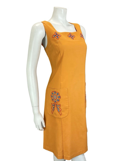 VTG 60S 70S ORANGE BLUE RED FOLK EMBROIDERED SMOCK PINAFORE DRESS W/ POCKETS 14