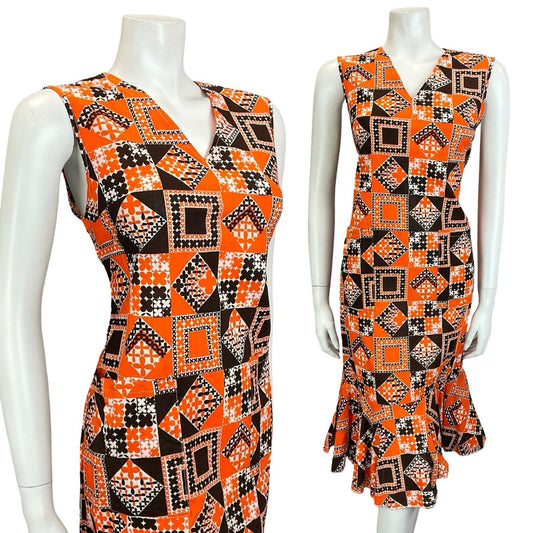 VTG 60S 70S BROWN ORANGE WHITE GEOMETRIC FLORAL TILED V NECK RUFFLE DRESS 12