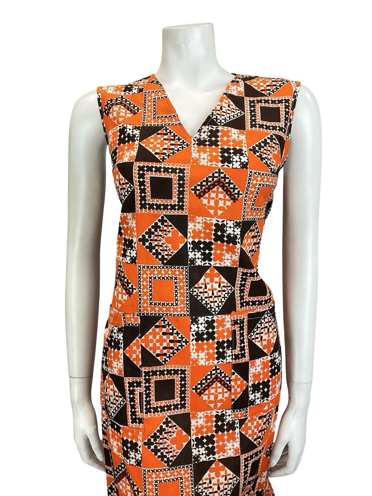 VTG 60S 70S BROWN ORANGE WHITE GEOMETRIC FLORAL TILED V NECK RUFFLE DRESS 12