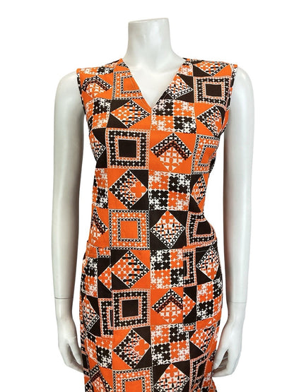 VTG 60S 70S BROWN ORANGE WHITE GEOMETRIC FLORAL TILED V NECK RUFFLE DRESS 12