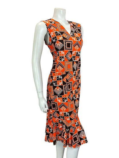 VTG 60S 70S BROWN ORANGE WHITE GEOMETRIC FLORAL TILED V NECK RUFFLE DRESS 12