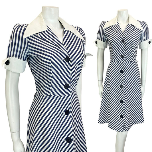 VTG 60S 70S BLUE WHITE NAUTICAL STRIPE CHEVRON WING COLLAR A. LINE DRESS 8