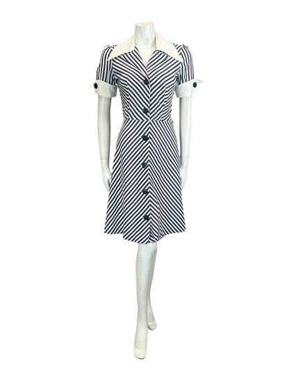 VTG 60S 70S BLUE WHITE NAUTICAL STRIPE CHEVRON WING COLLAR A. LINE DRESS 8