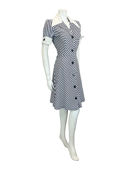VTG 60S 70S BLUE WHITE NAUTICAL STRIPE CHEVRON WING COLLAR A. LINE DRESS 8