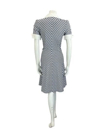 VTG 60S 70S BLUE WHITE NAUTICAL STRIPE CHEVRON WING COLLAR A. LINE DRESS 8
