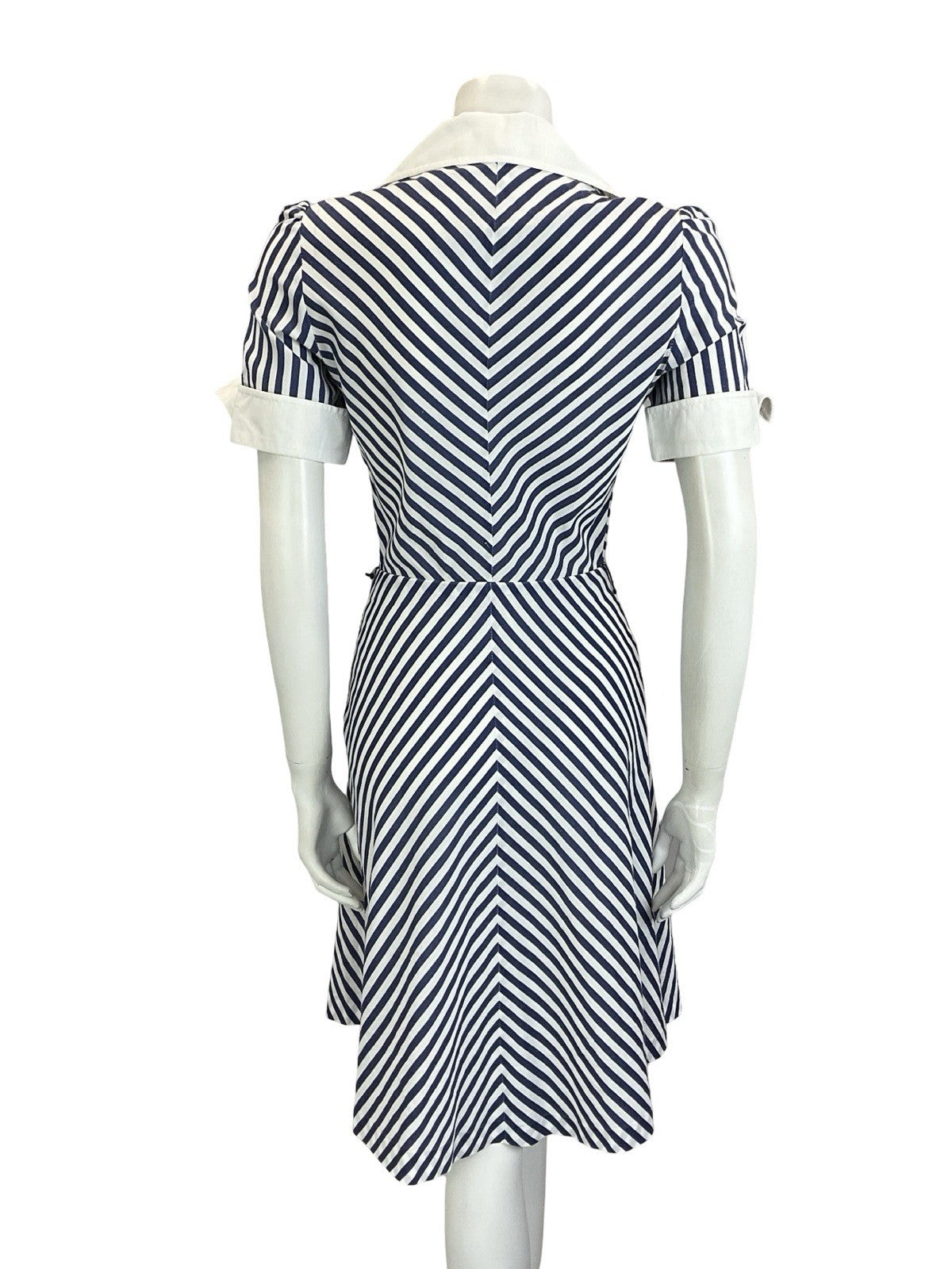VTG 60S 70S BLUE WHITE NAUTICAL STRIPE CHEVRON WING COLLAR A. LINE DRESS 8