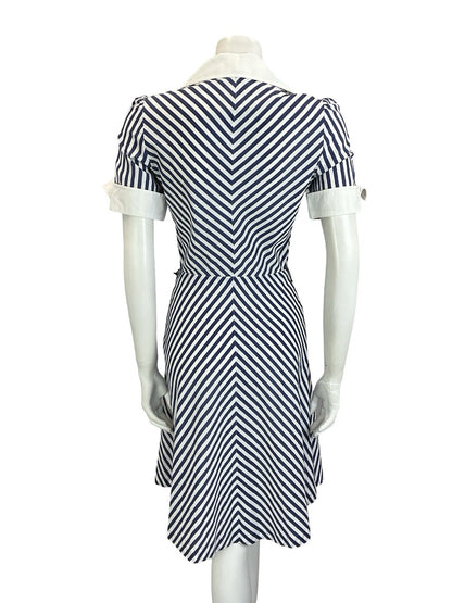 VTG 60S 70S BLUE WHITE NAUTICAL STRIPE CHEVRON WING COLLAR A. LINE DRESS 8