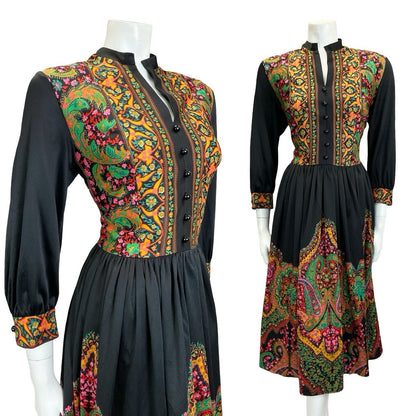 VTG 60S 70S BLACK GREEN PINK YELLOW BOHO MANDALA FLORAL PAISLEY TUNIC DRESS 14
