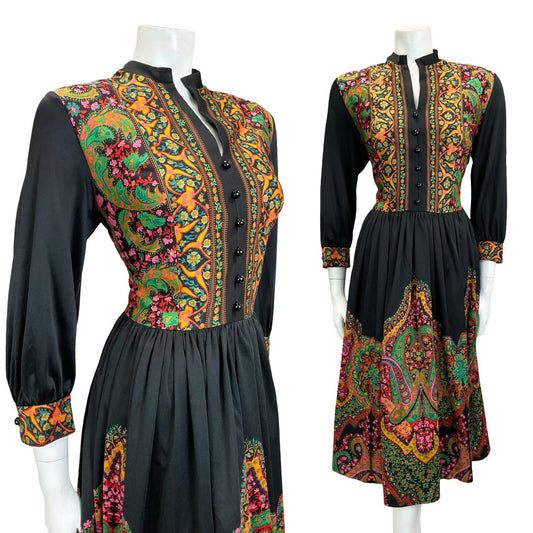 VTG 60S 70S BLACK GREEN PINK YELLOW BOHO MANDALA FLORAL PAISLEY TUNIC DRESS 14