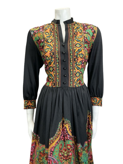 VTG 60S 70S BLACK GREEN PINK YELLOW BOHO MANDALA FLORAL PAISLEY TUNIC DRESS 14