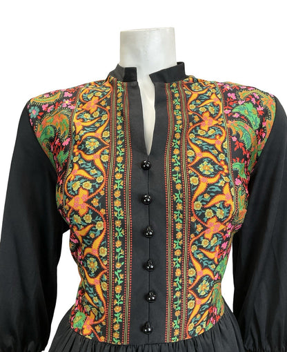 VTG 60S 70S BLACK GREEN PINK YELLOW BOHO MANDALA FLORAL PAISLEY TUNIC DRESS 14