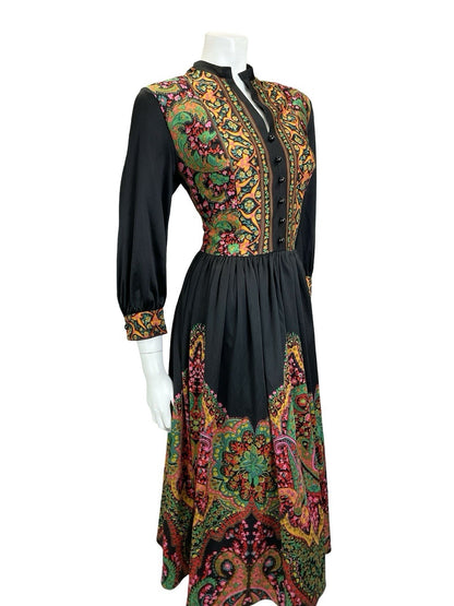 VTG 60S 70S BLACK GREEN PINK YELLOW BOHO MANDALA FLORAL PAISLEY TUNIC DRESS 14