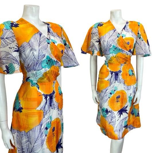 VTG 60S 70S WHITE ORANGE BLUE TEAL ABSTRACT FLORAL ANGEL SLEEVE WRAP TIE DRESS 8