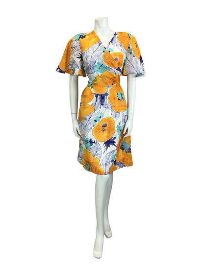 VTG 60S 70S WHITE ORANGE BLUE TEAL ABSTRACT FLORAL ANGEL SLEEVE WRAP TIE DRESS 8