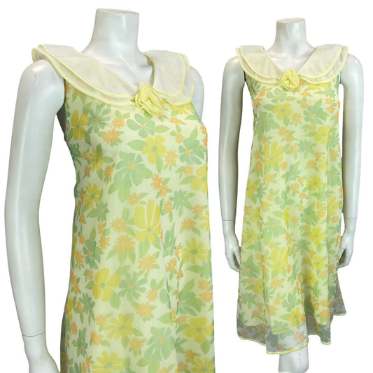 VTG 60S MOD YELLOW GREEN PETER PAN COLLAR ROSE FLORAL TENT NIGHT DRESS 12 14 M