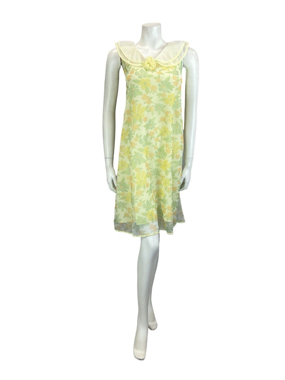 VTG 60S MOD YELLOW GREEN PETER PAN COLLAR ROSE FLORAL TENT NIGHT DRESS 12 14 M