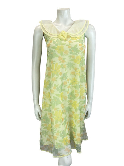VTG 60S MOD YELLOW GREEN PETER PAN COLLAR ROSE FLORAL TENT NIGHT DRESS 12 14 M