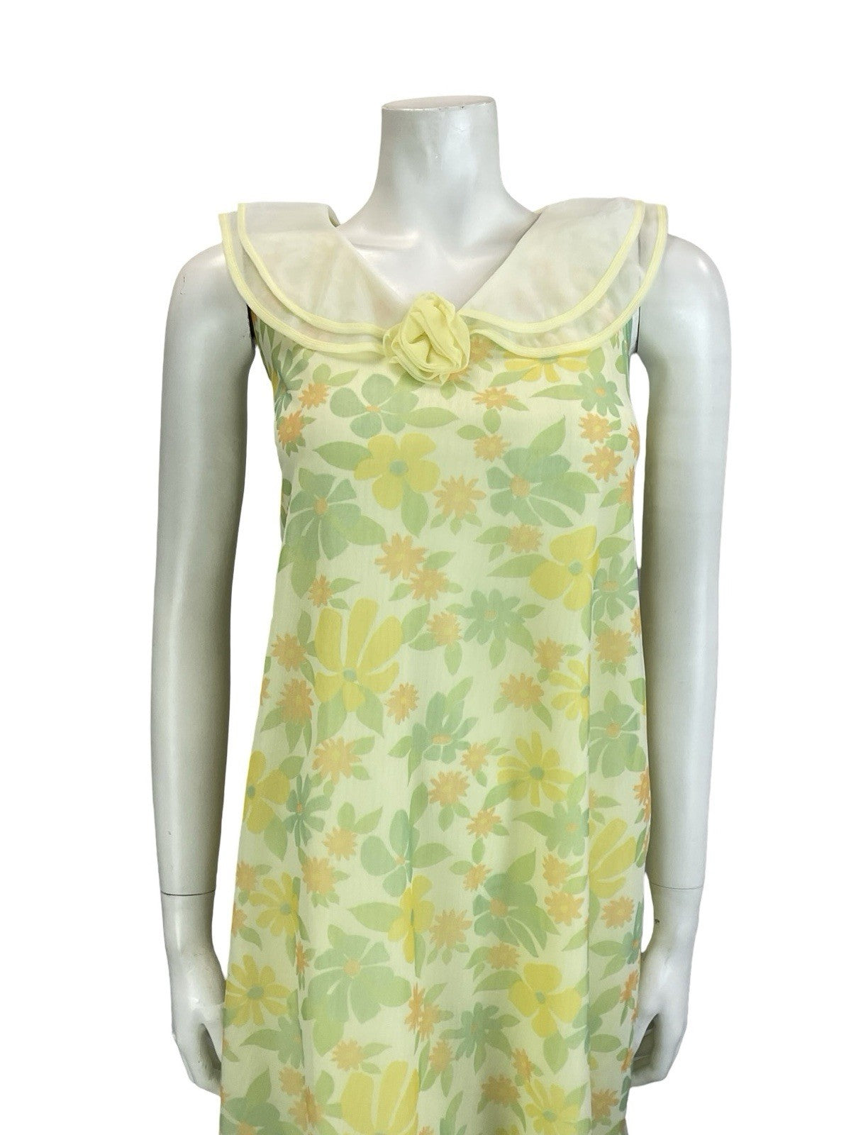 VTG 60S MOD YELLOW GREEN PETER PAN COLLAR ROSE FLORAL TENT NIGHT DRESS 12 14 M