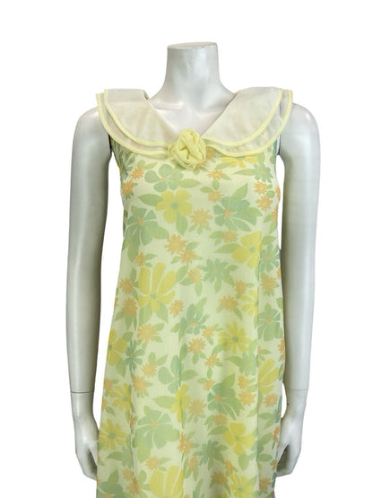 VTG 60S MOD YELLOW GREEN PETER PAN COLLAR ROSE FLORAL TENT NIGHT DRESS 12 14 M