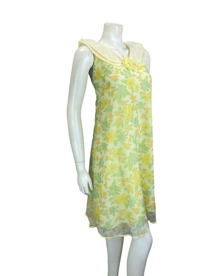 VTG 60S MOD YELLOW GREEN PETER PAN COLLAR ROSE FLORAL TENT NIGHT DRESS 12 14 M