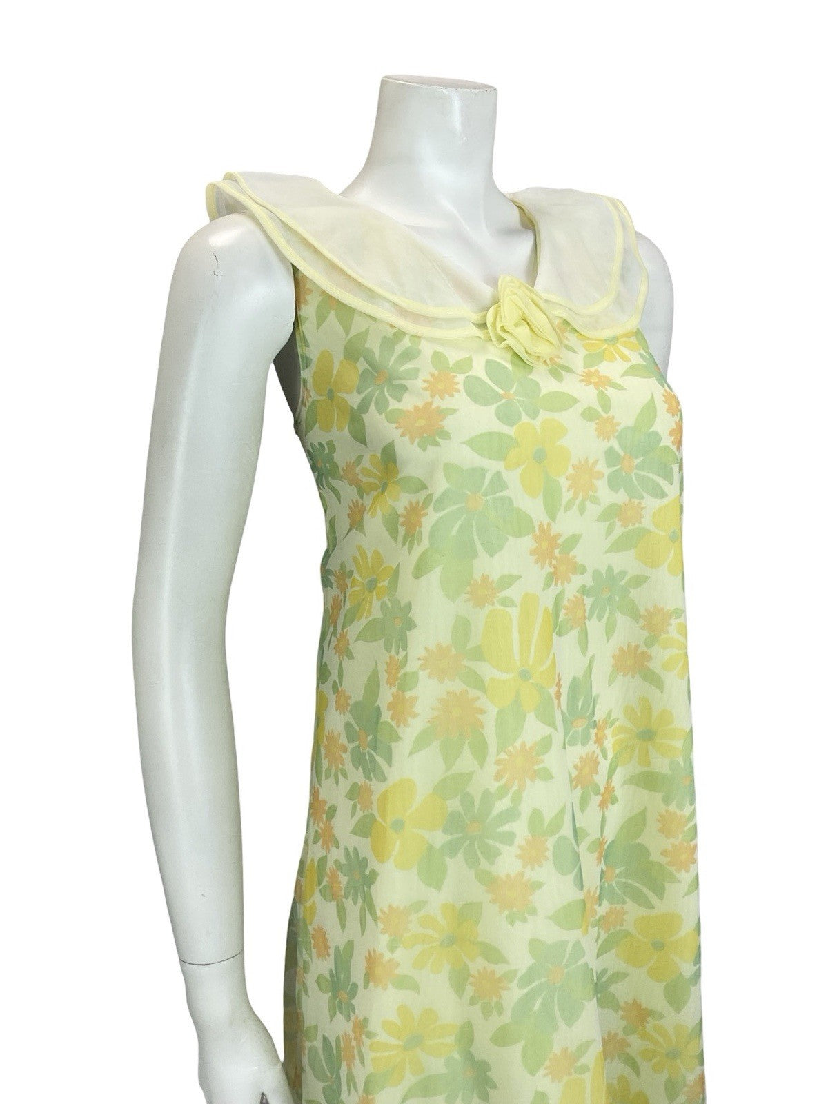 VTG 60S MOD YELLOW GREEN PETER PAN COLLAR ROSE FLORAL TENT NIGHT DRESS 12 14 M